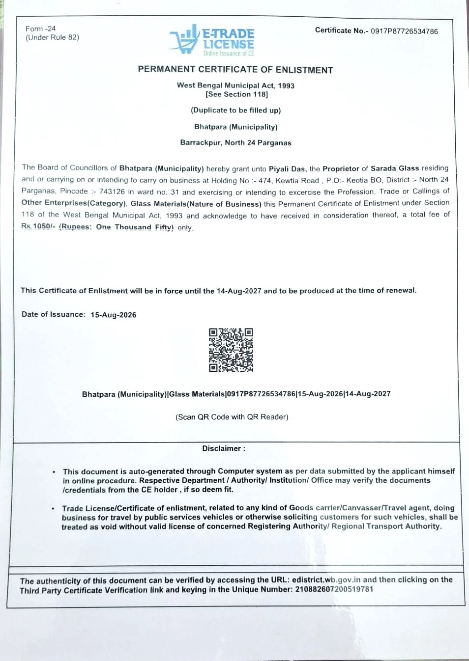 Business registration document supplied by Sarada Glass