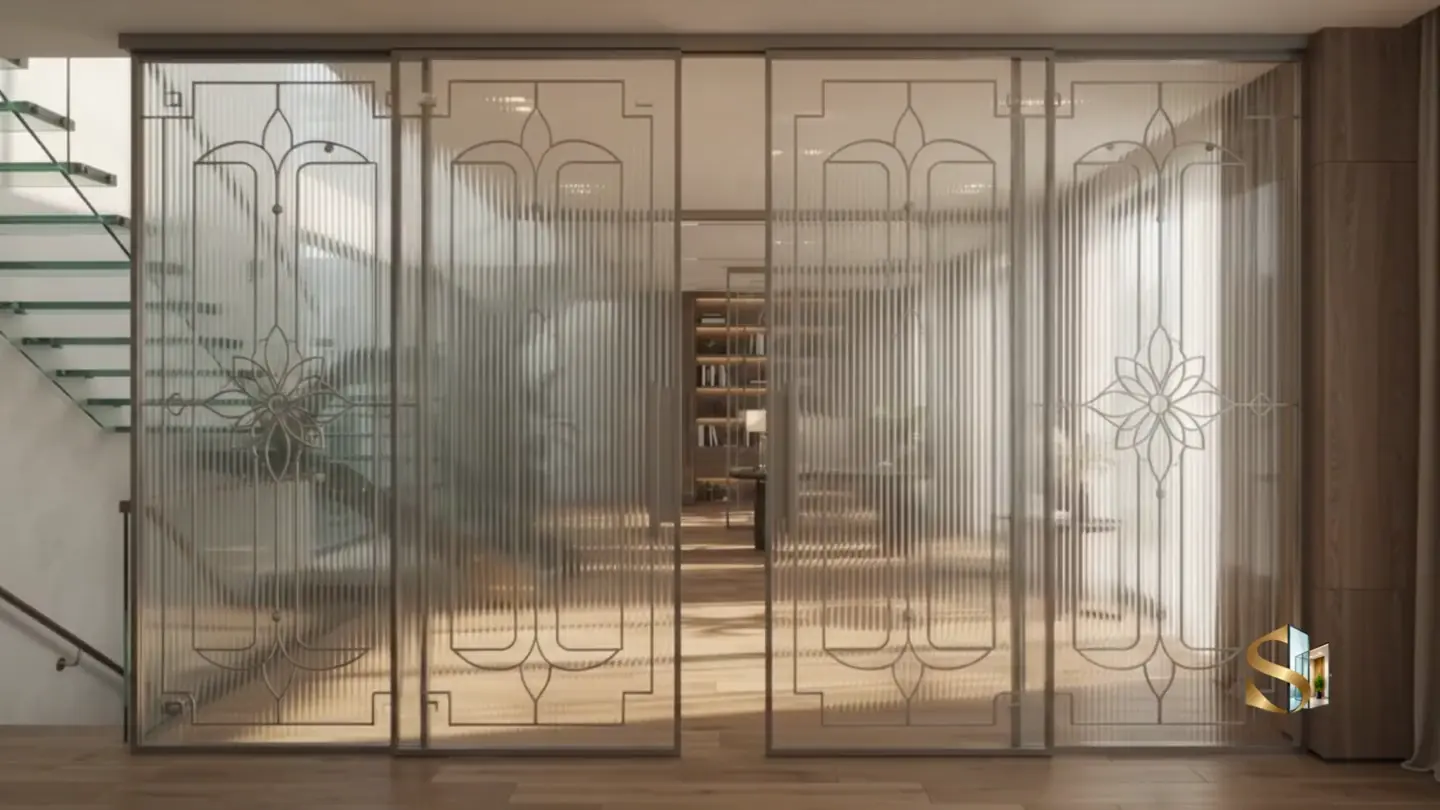 Sarada Glass architectural film showing decorative doors and a glass staircase